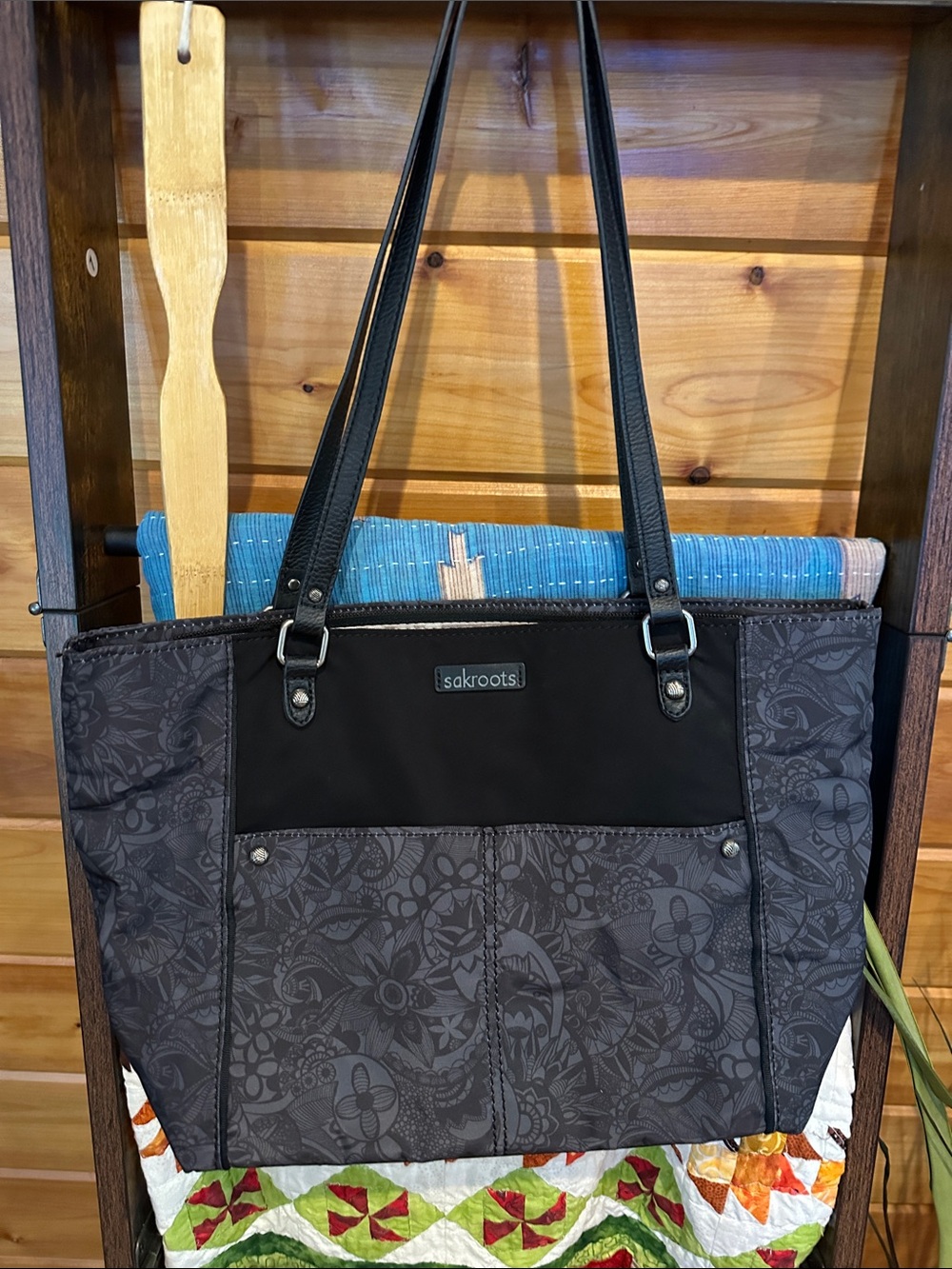 Sakroots Black and Charcoal Floral-Pattern Tote